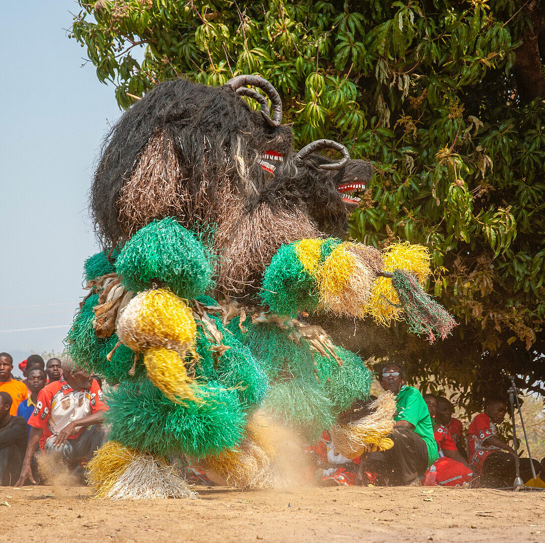 Masked dancers, The Kulamba Traditional Ceremony of the Chewa people from Zambia, Mozambique and Malawi, held annually on the last Saturday in August to pay homage to their Chief Kalonga Gaia Uni, held near Katete, Eastern Province, Zambia, Africa