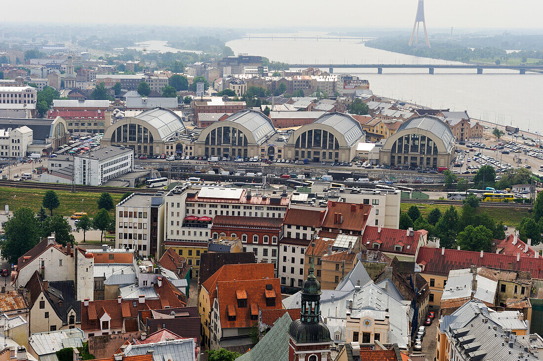 Aerial view over the Dauvaga River and the Central Market from St. Peter's church tower, Riga, Latvia, Baltic region, Europe