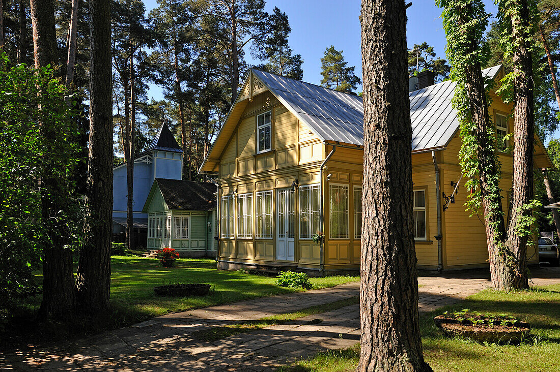 Typical wooden house at Jurmala, Gulf of Riga, Latvia, Baltic region, Europe