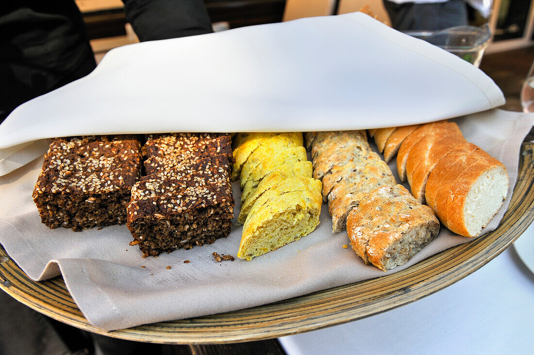 Bread assortment served at the restaurant Majorenhoff, Majori, Jurmala, Gulf of Riga, Latvia, Baltic region, Europe