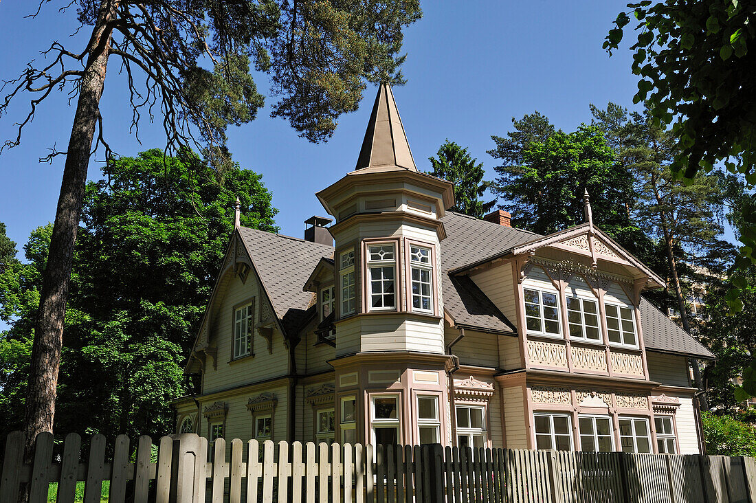 Typical wooden house at Jurmala, Gulf of Riga, Latvia, Baltic region, Europe