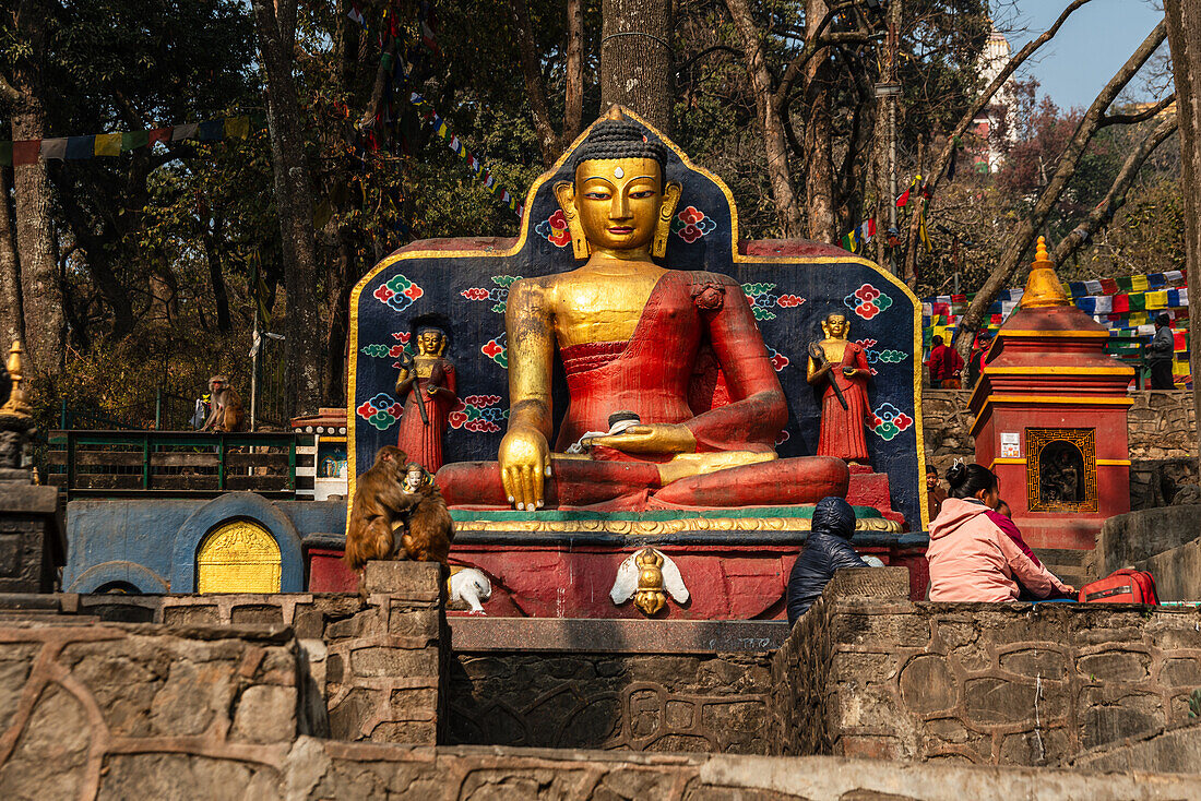 Seated golden Buddha statue in a red robe, Bhagwan Pau, Kathmandu, Nepal, Asia