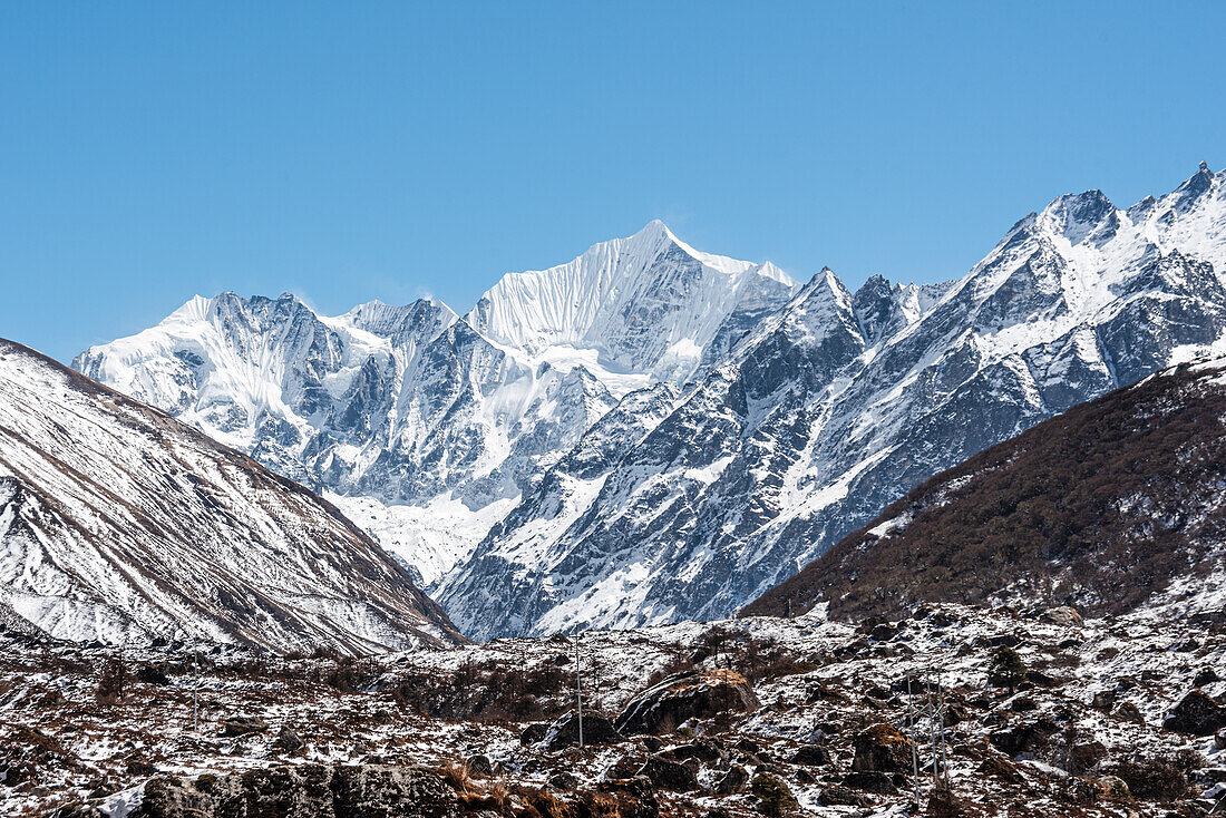 Blick auf den schneebedeckten Gangchempo im Lang Tang Tal, hoch oben im nepalesischen Himalaya, Nepal, Asien