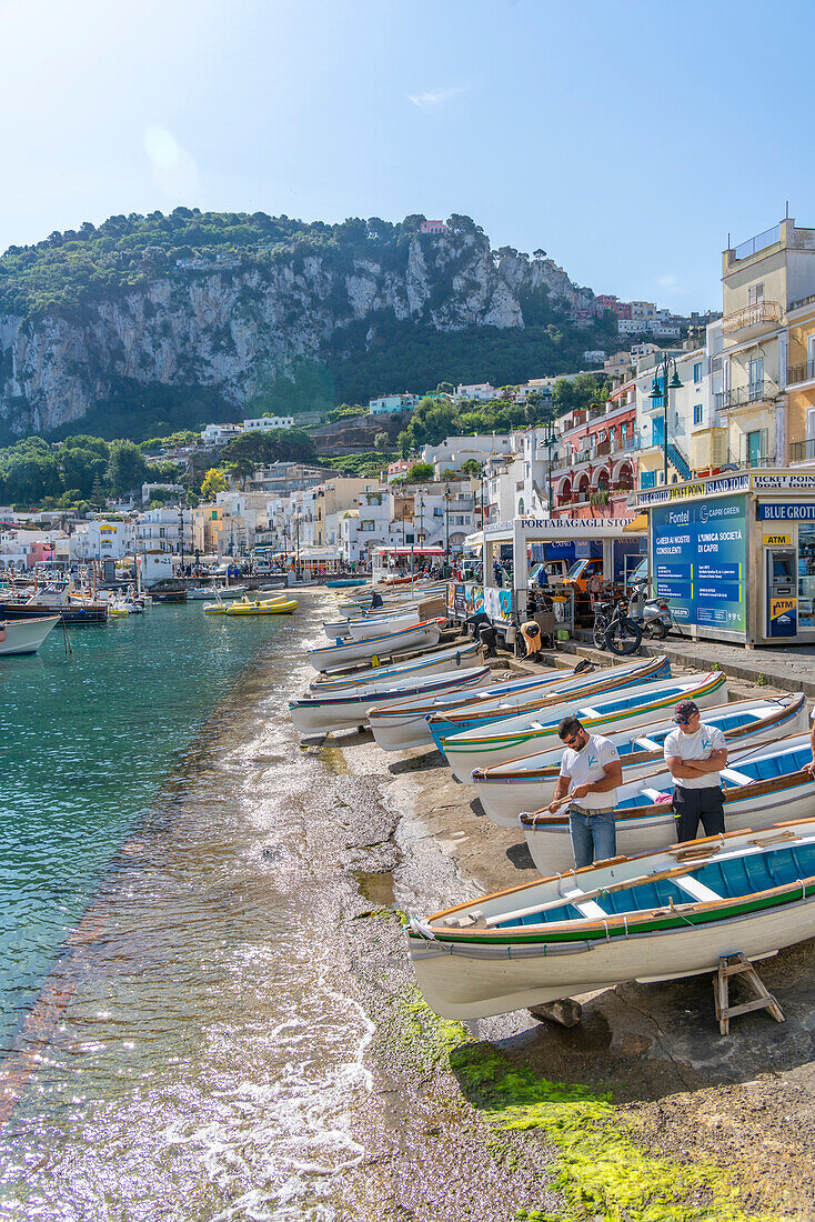 View of boats in Marina Grande overlooked by Capri Town in the background, Isle of Capri, Bay of Naples, Campania, Italy, Mediterranean, Europe