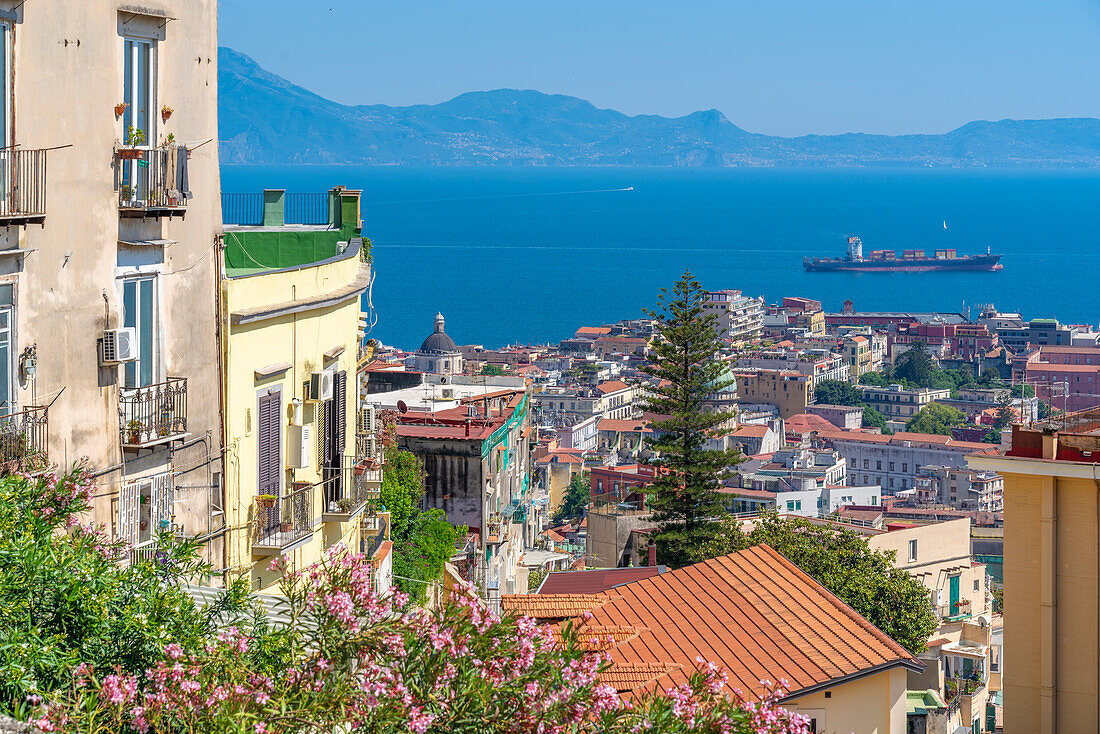 Elevated view of Naples and Amalfi Coast in background, Naples, Campania, Italy, Europe