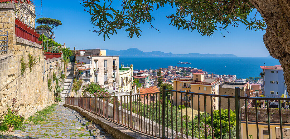 Elevated view of Naples and Amalfi Coast in background, Naples, Campania, Italy, Europe