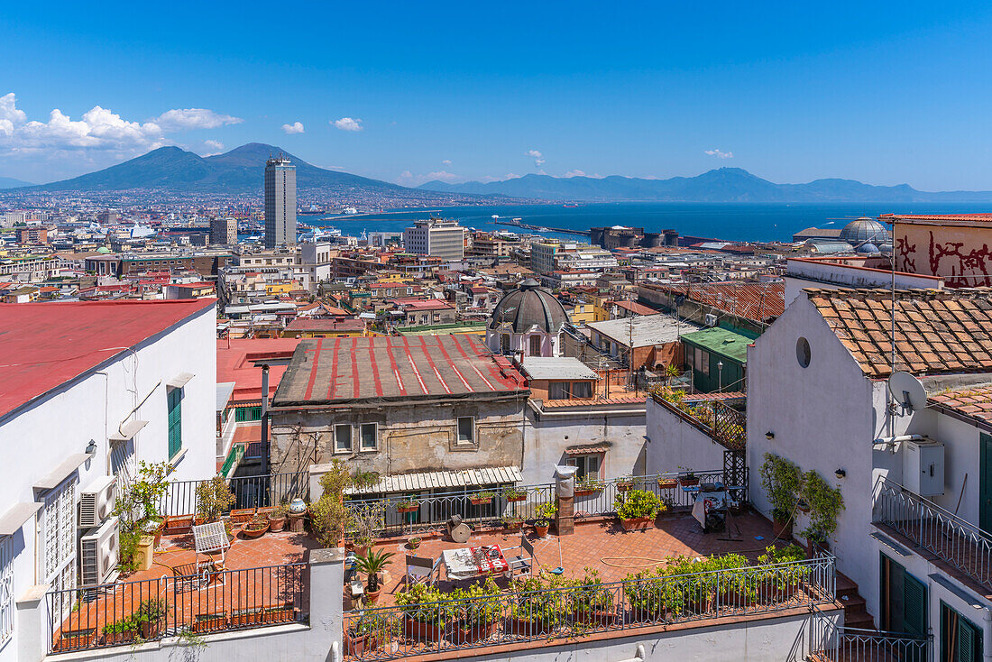 Elevated view of Naples and Mount Vesuvius in the background, Naples, Campania, Italy, Europe