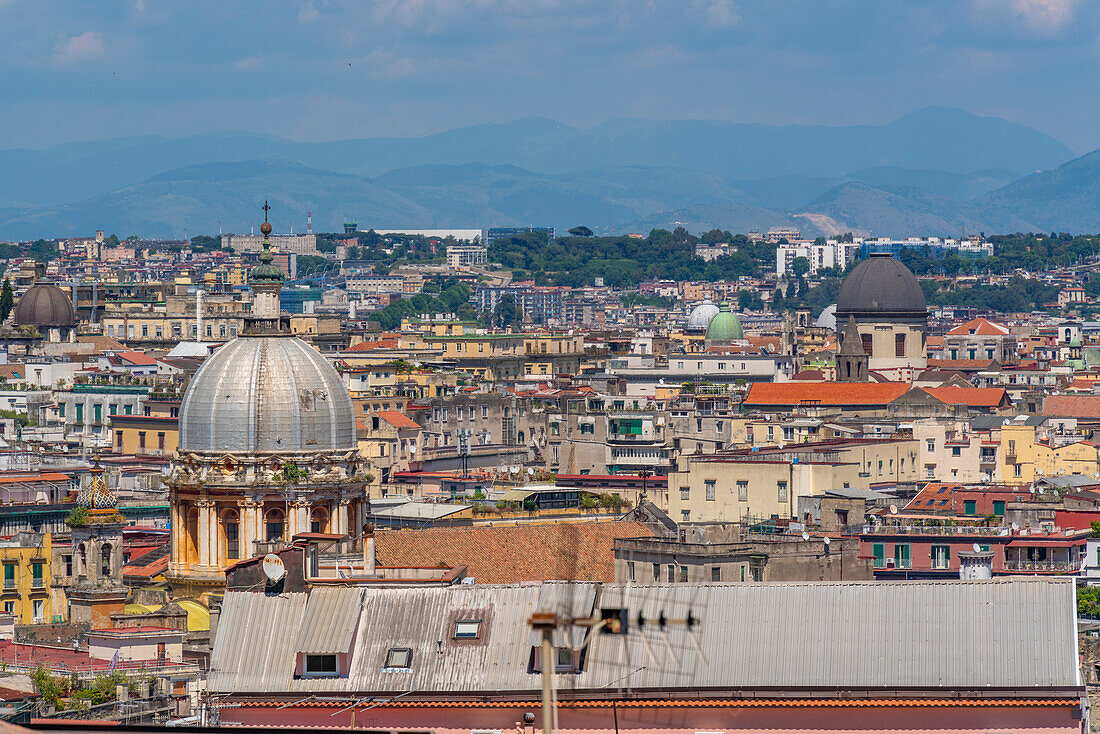 Elevated view of rooftops and church domes of Naples, Naples, Campania, Italy, Europe