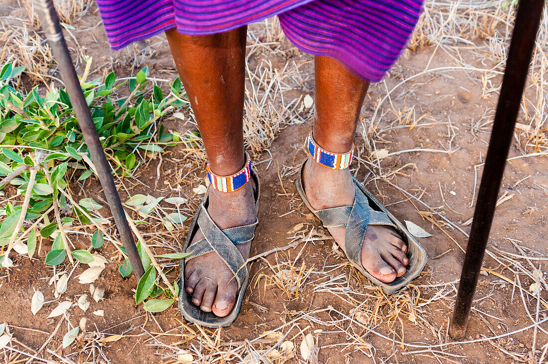 Maasai in the bush, detail of feet and Maasai sandals, Mwatate, Lualenyi Ranch, Kenya, East Africa, Africa