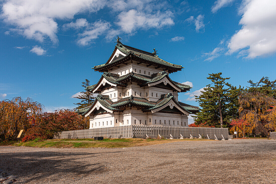 Wide angle view of the Samurai castle in autumn, Hirosaki, Honshu, Japan, Asia