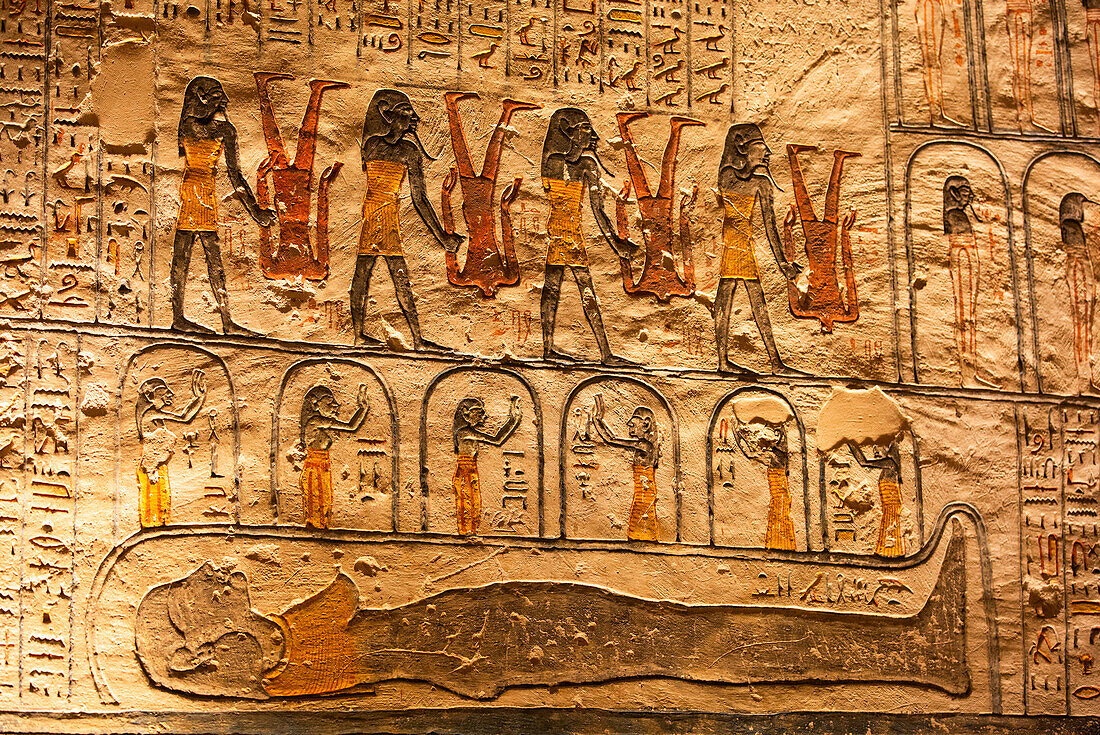 Reliefs, Grabmal von Ramses V und VI, KV9, Tal der Könige, Antikes Theben, UNESCO-Welterbe, Luxor, Ägypten, Nordafrika, Afrika