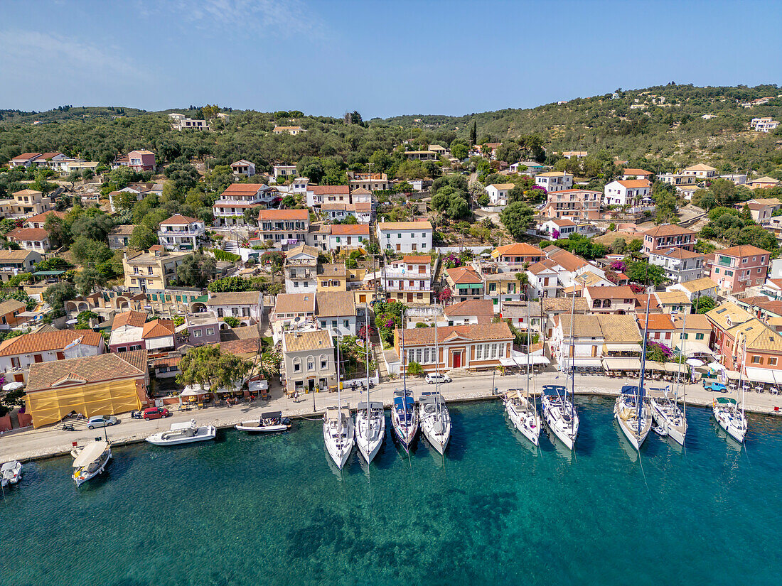 Aerial view of Gaios, the main port and harbour on the island of Paxos, Paxos, Ionian Islands, Greek Islands, Greece, Europe