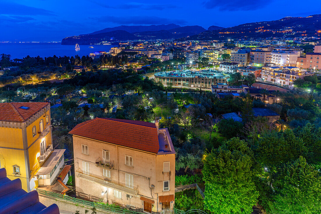 Elevated view of Sorrento at dusk, Sorrento, Campania, Italy, Mediterranean, Europe