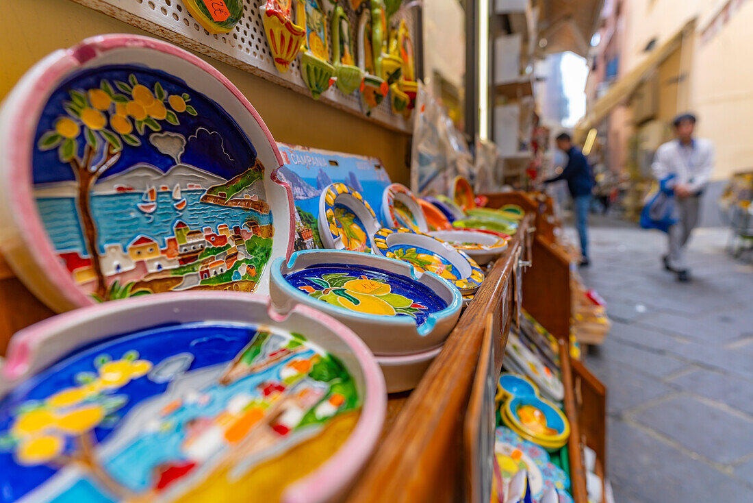 View of Sorrento souvenirs in narrow street, Sorrento, Campania, Italy, Mediterranean, Europe