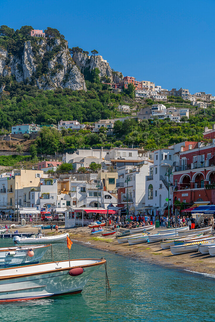 View of boats in Marina Grande overlooked by Capri Town in the background, Isle of Capri, Bay of Naples, Campania, Italy, Mediterranean, Europe