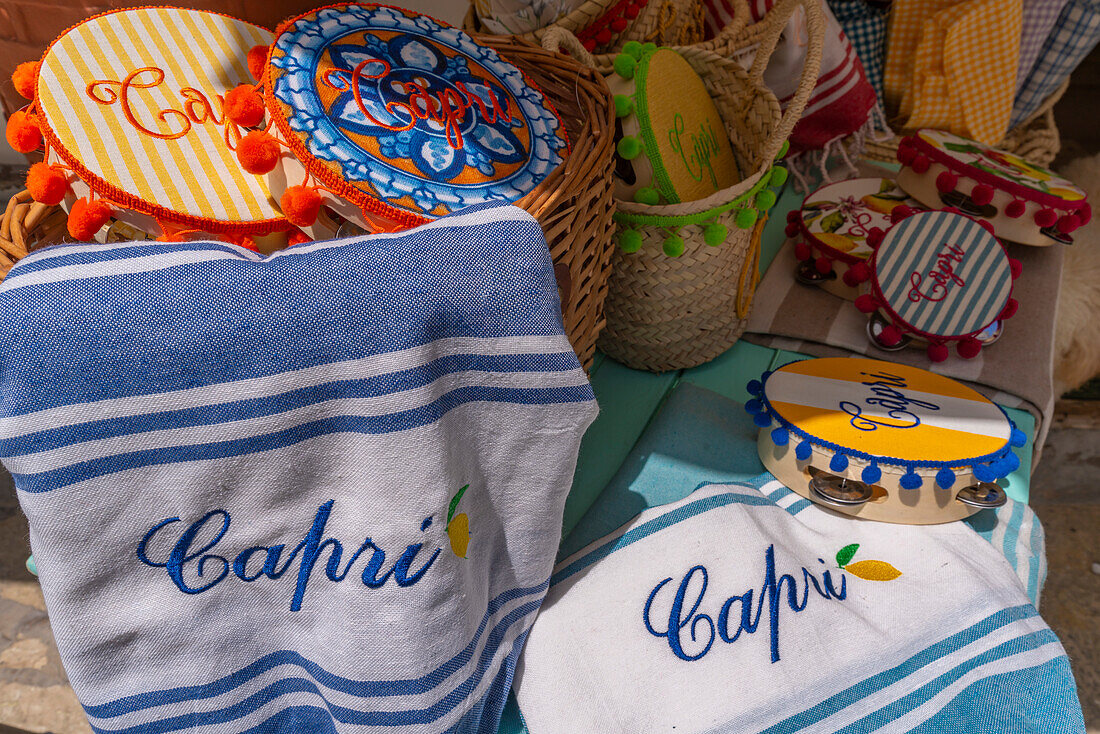 View of fabric souvenirs in Anacapri, Anacapri, Isle of Capri, Campania, Italy, Mediterranean, Europe