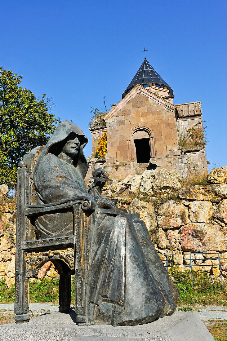 Statue of Mkhitar Gosh, 1130-1213, writer, thinker,  priest, founder of Goshavank Monastery, Gosh village, Dilijan National Park, Tavush region, Armenia, Eurasia