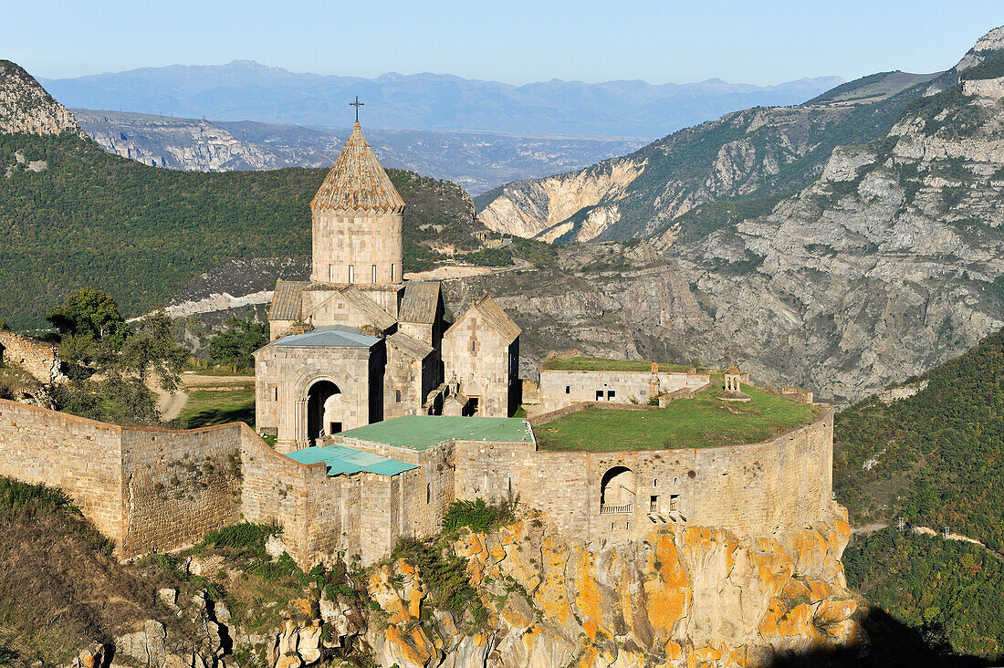 Tatev monastery standing on the edge of a deep gorge of the Vorotan River, Syunik Province in southeastern Armenia, Eurasia