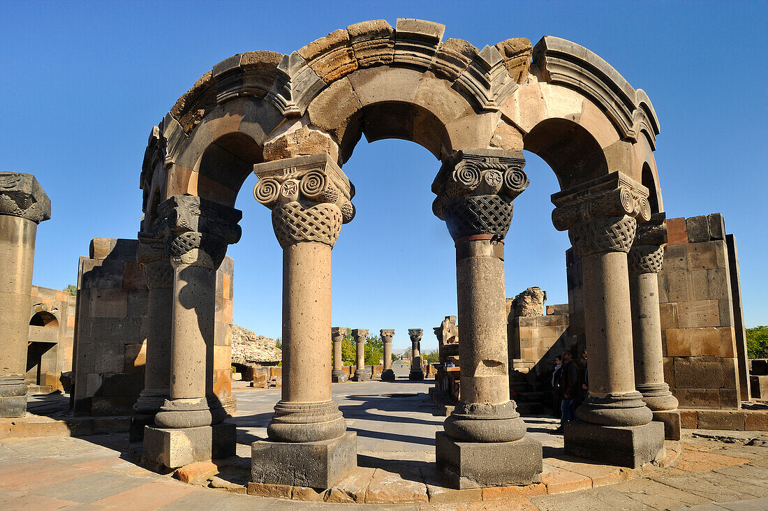 Rebuilt sections of the ruins of Zvarnots Cathedral, located near the city of Vagharshapat (Ejmiatsin), UNESCO World Heritage Site, suburbs of Yerevan, Armenia, Eurasia