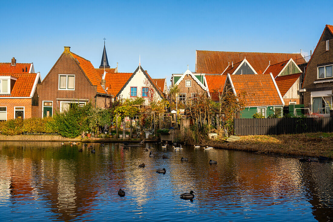 Volendam street with traditional Dutch houses, Volendam, North Holland, The Netherlands, Europe