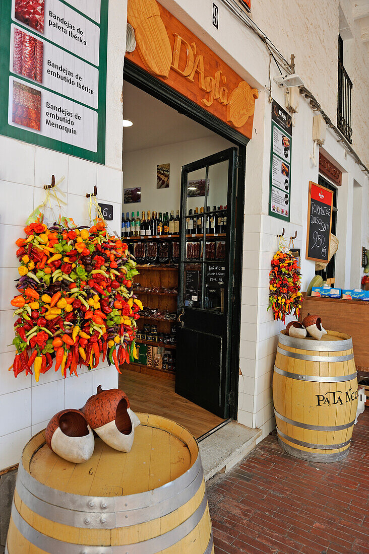 Food shop on the Placa la Llibertat (Freedom Square), Ciutadella de Menorca, Menorca, Balearic Islands, Spain, Mediterranean, Europe