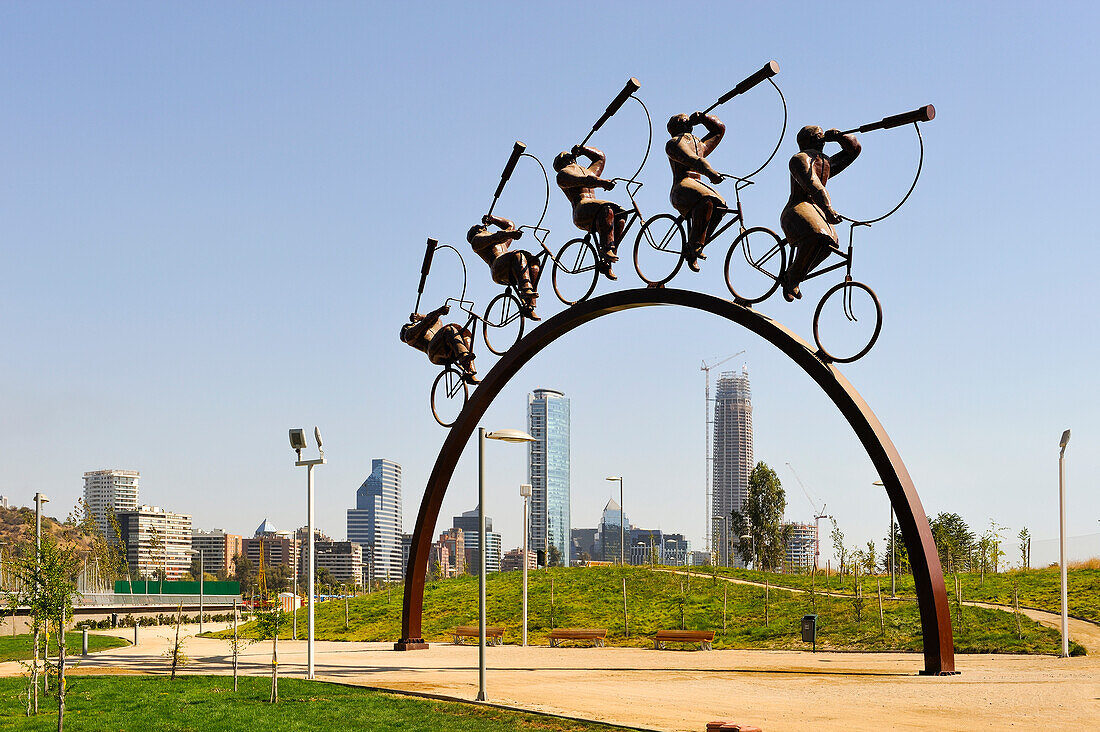 La Busqueda, sculpture by Hernan Puelma, on the promenade along the Mapocho River, with the smart and financial district nicknamed Sanhattan in the background, portmanteau word of Santiago and Manhattan, Santiago, Chile, South America