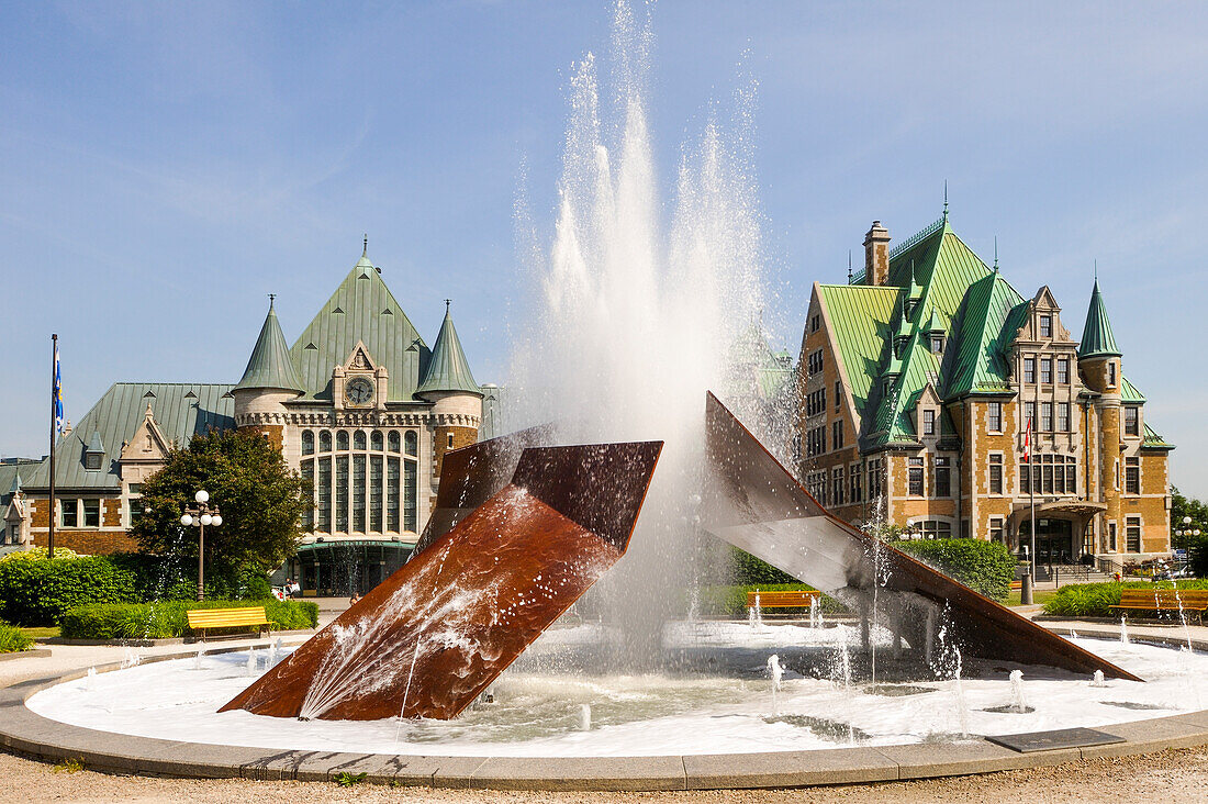 Eclatement II, fountain of Charles Daudelin, in front of the Gare du Palais (Palace Station), Quebec City, Province of Quebec, Canada, North America