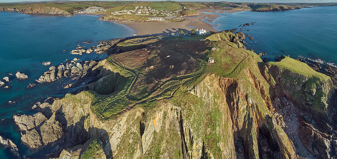 An aerial view of Burgh Island, Bigbury, and the estuary of the River Avon, on the south coast of Devon, England, United Kingdom, Europe