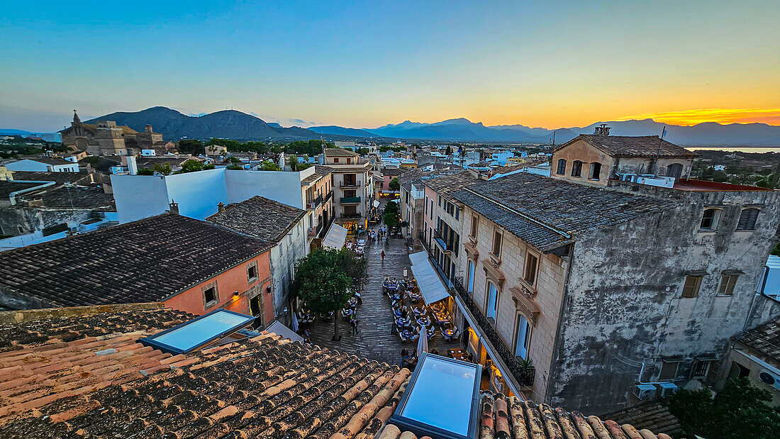 Sunset over the old town of Alcudia, Mallorca, Balearic islands, Spain, Mediterranean, Europe