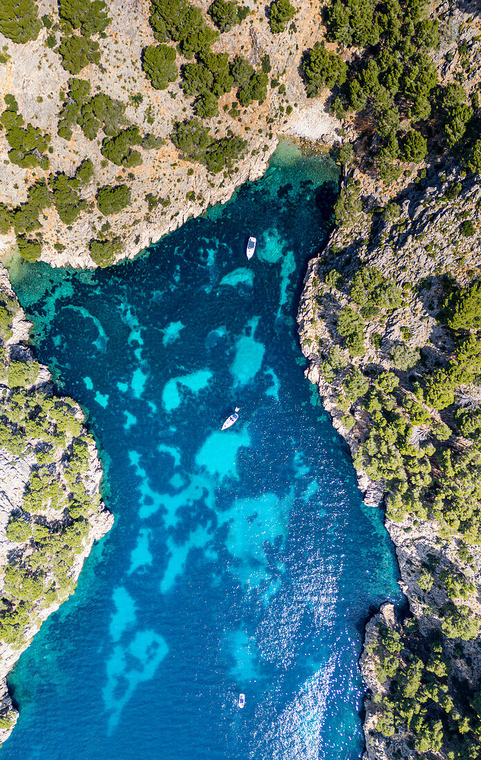 Aerial of the turquoise waters of the Formentor Peninsula, Mallorca, Balearic islands, Spain, Mediterranean, Europe