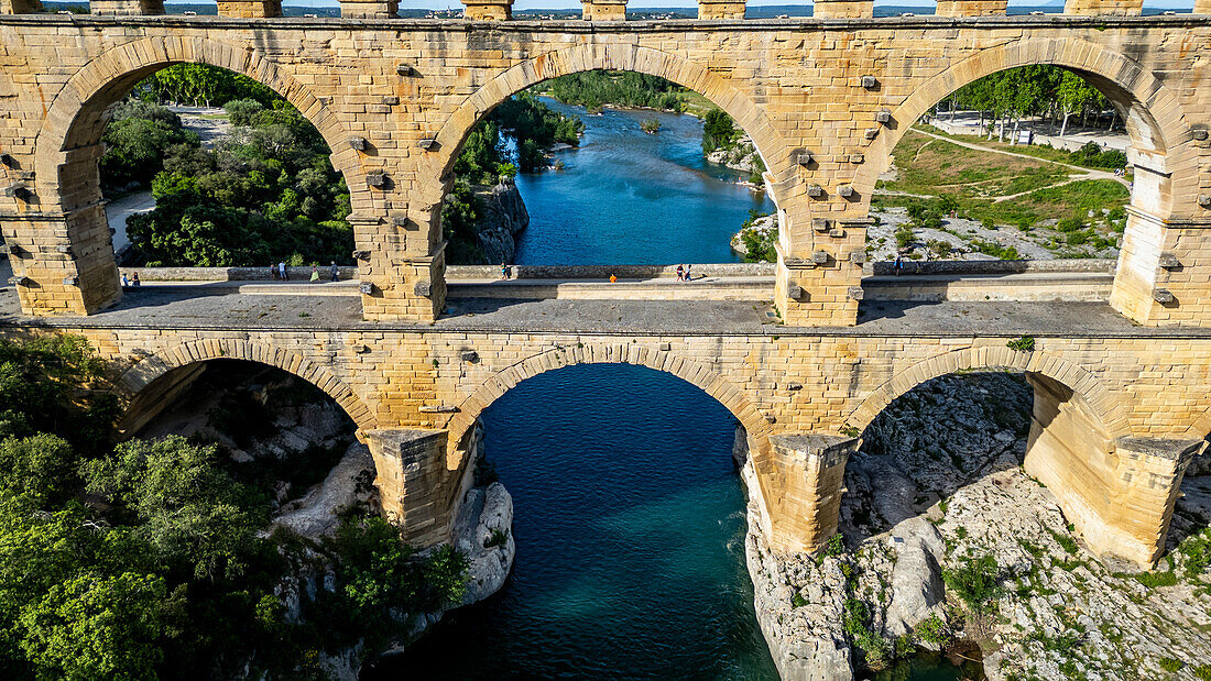 Der Pont du Gard, ein römischer Aquädukt, UNESCO-Welterbe, Vers-Pont-du-Guard, Okzitanien, Frankreich, Europa