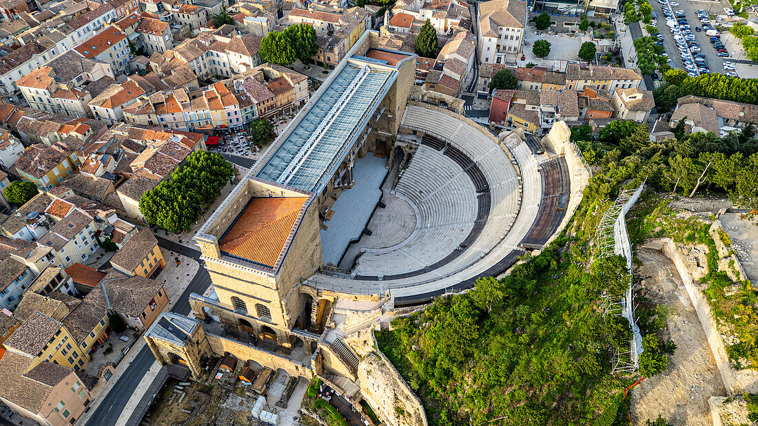 Aerial of the Roman Amphitheatre, UNESCO World Heritage Site, Orange, Vaucluse, Provence-Alpes-Cote d'Azur, France, Europe