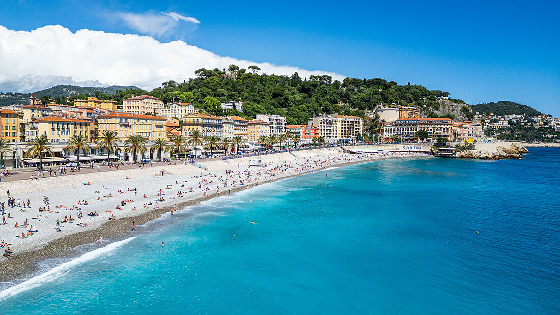 Aerial of the beachfront and the historic city, Nice, UNESCO World Heritage Site, Alpes Maritimes, French Riviera, France, Europe