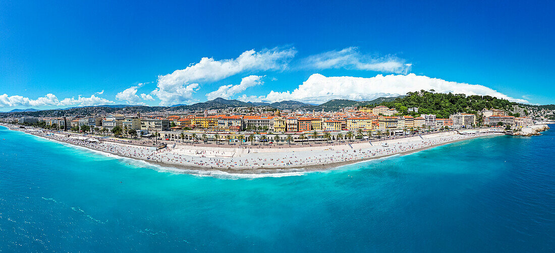 Aerial of the beachfront and the historic city, Nice, UNESCO World Heritage Site, Alpes Maritimes, French Riviera, France, Europe