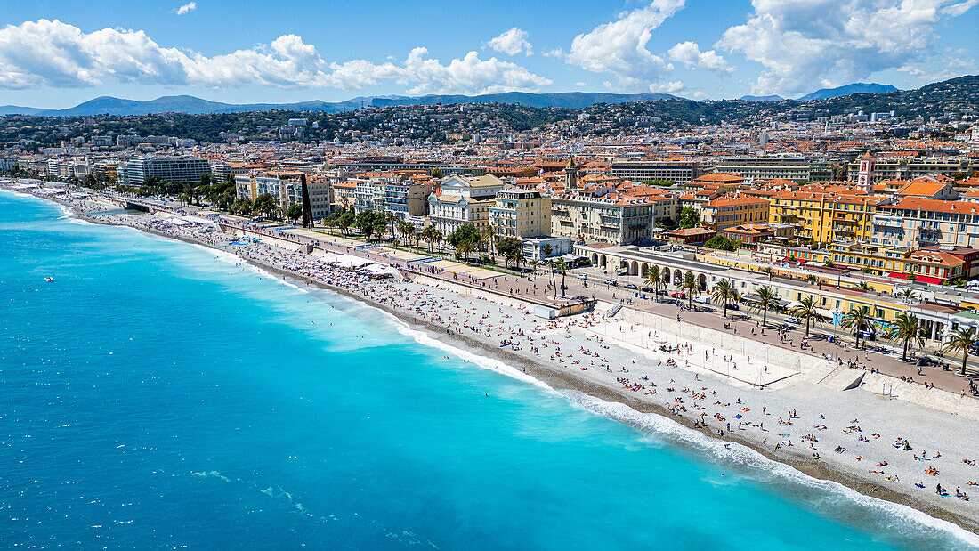 Aerial of the beachfront and the historic city, Nice, UNESCO World Heritage Site, Alpes Maritimes, French Riviera, France, Europe