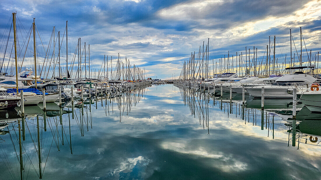 Sport harbour, futuristic seaside town of La Grande Motte, Herault, Occitania, France, Europe