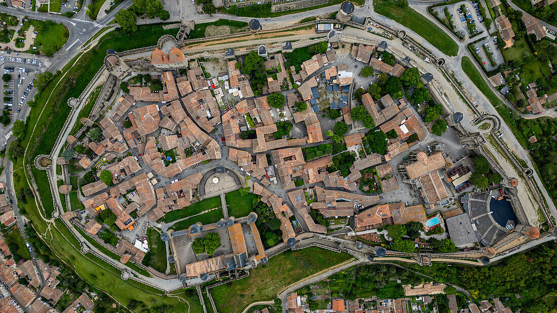 Aerial of the Cite de Carcassonne citadel, UNESCO World Heritage Site, Carcassonne, Aude, Occitania, France, Europe