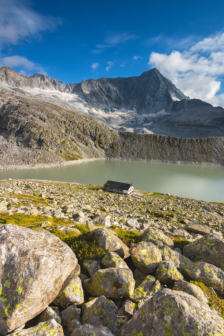 Garibaldi-Hütte im Adamello-Park im Sommer, Vallecamonica, Provinz Brescia, Region Lombardei, Italien, Europa