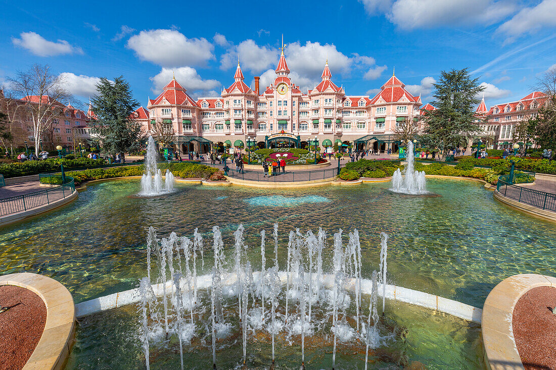 Water feature and entrance to Euro Disneyland,Disneyland Hotel, Paris, France, Europe