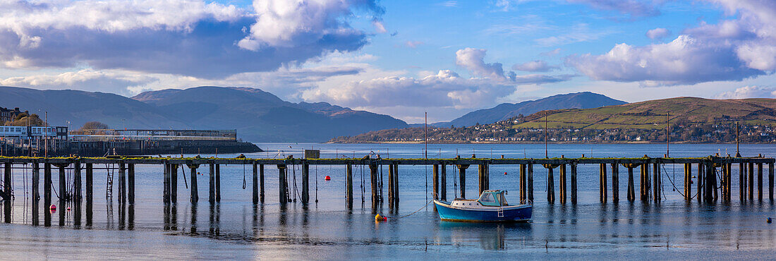 Abandoned Admiralty Pier and boat, Firth of Clyde, Gourock, Inverclyde, Scotland, United Kingdom, Europe