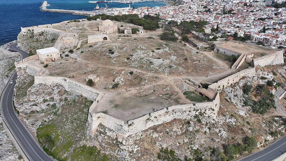 Luftaufnahme der venezianischen Burg Fortezza, Rethymno, Kreta, Griechische Inseln, Griechenland, Europa