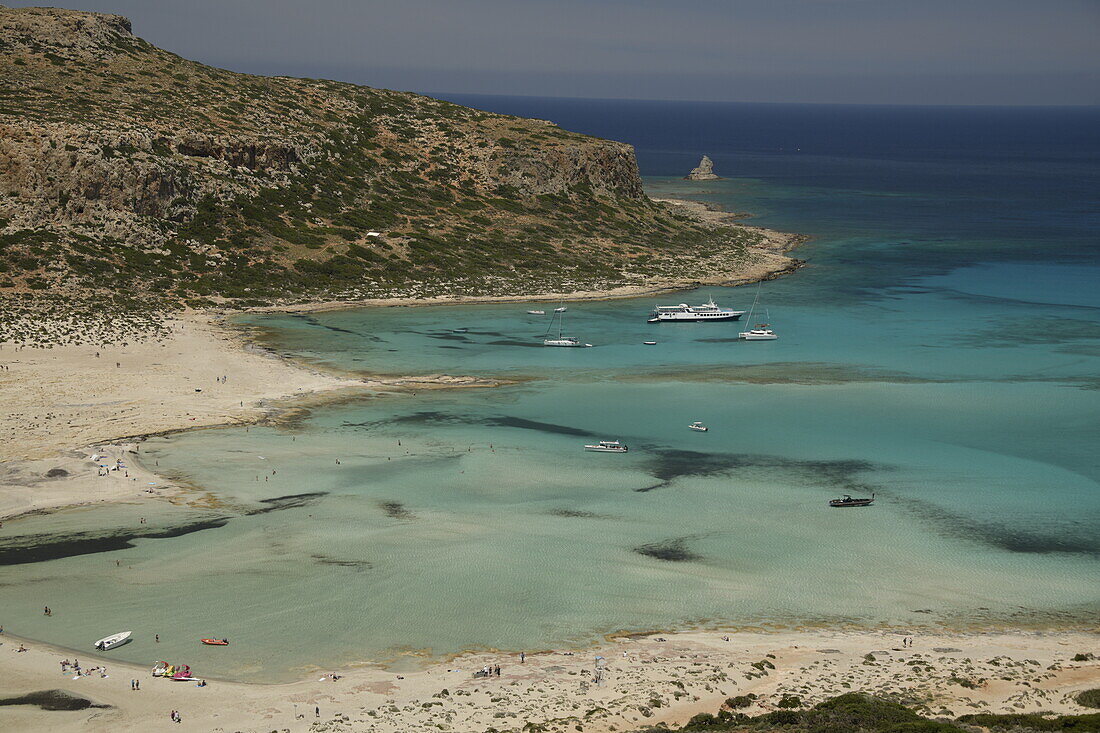 Balos Lagoon Beach und Kap Tigani, Blick von oben, Gramvousa Halbinsel, Region Chania, Kreta, Griechische Inseln, Griechenland, Europa