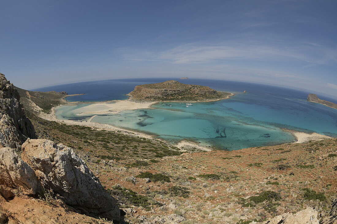 Balos Lagoon Beach and Cape Tigani, elevated view, Gramvousa Peninsula, Chania Region, Crete, Greek Islands, Greece, Europe