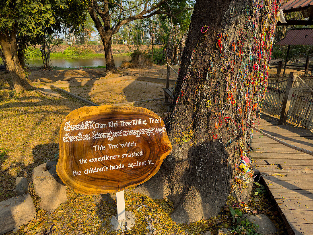 Der Tötungsbaum, gewidmet den Toten des Konflikts der Roten Khmer in Choueng Ek, Phnom Pehn, Kambodscha, Indochina, Südostasien, Asien