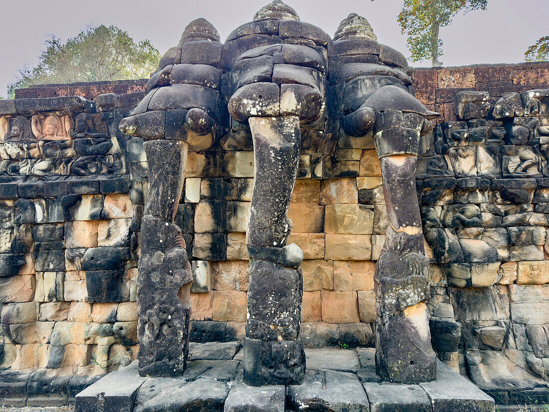 The Terrace of the Elephants, part of the walled city of Angkor Thom, a ruined temple complex in Angkor, UNESCO World Heritage Site, Cambodia, Indochina, Southeast Asia, Asia