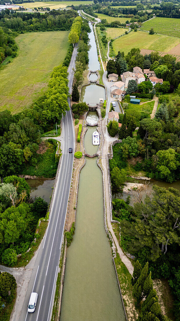 Aerial of the Canal du Midi near Carcassonne, UNESCO World Heritage Site, Aude, Occitania, France, Europe