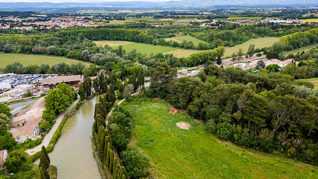 Aerial of the Canal du Midi near Carcassonne, UNESCO World Heritage Site, Aude, Occitania, France, Europe