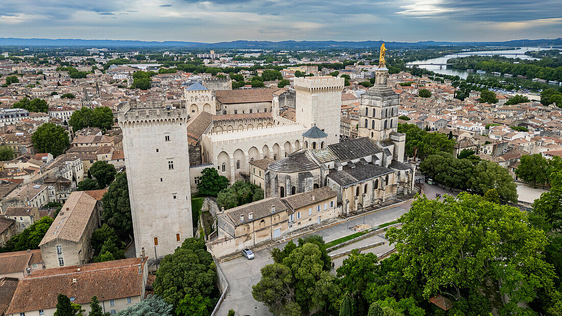 Aerial of the historic city and the Palace of the Popes, Avignon, UNESCO World Heritage Site, Vaucluse, Provence-Alpes-Cote d'Azur, France, Europe