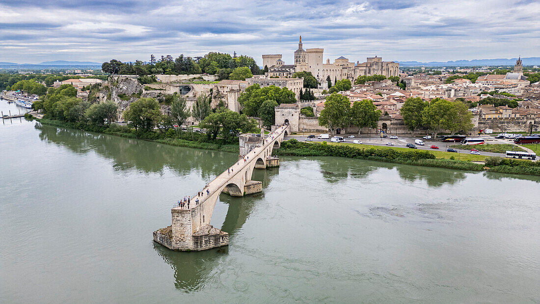 Aerial of the historic Bridge of Saint Benezet (Pont d'Avignon) with the historic city, Avignon, UNESCO World Heritage Site, Vaucluse, Provence-Alpes-Cote d'Azur, France, Europe