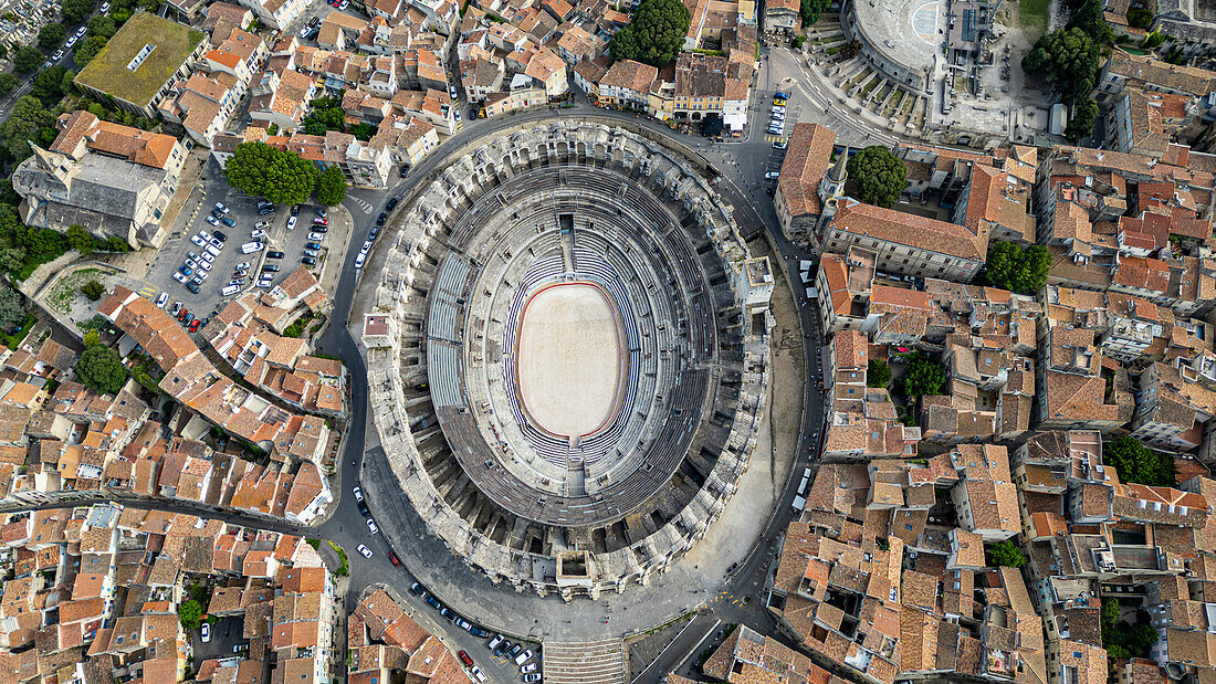 Aerial of the city with the Roman Amphitheatre, UNESCO World Heritage Site, Arles, Bouches du Rhone, Provence-Alpes-Cote d'Azur, France, Europe